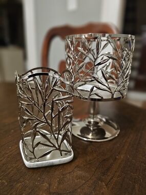 Bath & Body Works Silver Vine Leaf Set - 3-Wick Candle Pedestal & Soap Holder